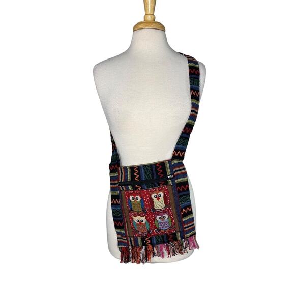 Owl Multicolored Fabric Crossbody Bag Tapestry Woven Colorful Zipper Purse Fring - Picture 1 of 7